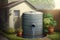 rainwater harvesting architecture, water barrel. solution to water crisis, rainwater reusing, generative ai