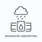 Rainwater harvesting flat line icon. Vector outline illustration of barrel, cloud and rain. Black thin linear pictogram