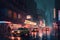 Rainy asian night city street in cyberpunk style. Generative AI