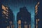 Rainy city, rain in the city, vector illustration