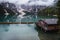 Rainy and cloudy morning at famous Lago di Braies, Pragser Wildsee, Italy