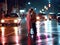 Rainy cyber couple in neon street