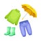 Rainy day clothes for boy or girl set. Knitted sweater, rubber boots, jeans and umbrella cartoon vector illustration