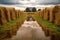 rainy day at a hay bale maze, puddles reflecting the cloudy sky