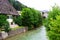 Rainy day at Hintersee Lake, traditional architecture in South Bavaria, Germany