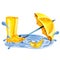 Rainy day illustration. Individual element in white background. Yellow umbrella, boots, paper boat, puddle, water drops