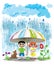 Rainy day kids with pets hiding under umbrella wallpaper postcard