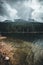 Rainy day on lago di misurina in the dolomites in italy