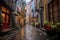 rainy day on a narrow cobblestone alley