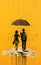 Rainy Day Romance: Dark Yellow And Bronze Stencil Art Of A Couple Holding Umbrellas