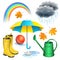 Rainy day set. Umbrella, boots, rainbow, clouds with raindrops