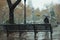 Rainy day stroll A distant figure approaching a Central Park bench