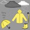 Rainy day vector flat illustration set with raincoat, rainboots and umbrellas in different positions in matching yellow colours