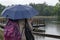 Rainy day walk with umbrellas in Rila Park near town Dupnitsa