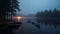 A rainy evening by foggy lake