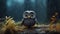 Rainy Forest Owl Figurine: Vray Tracing Caricature-like Illustration