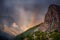 Rainy landscape of beautiful high Fan mountains in Tajikistan with rainbow