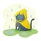 rainy mood.funny gray cat in a displeased mood in a yellow raincoat