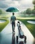 Rainy Morning Golfing Golf Course Umbrella Man Walking AI Generated