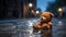 Rainy Night Reflections: A Teddy Bear\\\'s Serenity on Wet Asphalt