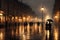 Rainy night street in an old city, architecture, houses, random people, street lighting and foggy. Generative AI