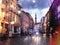 Rainy old town of Tallinn people walk with umbrellas medieval city  night blurred light on pavement lifestyle