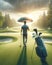 Rainy Springtime Morning Golfing Golf Course Umbrella Man Walking AI Generated