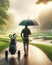 Rainy Springtime Morning Golfing Golf Course Umbrella Man Walking AI Generated