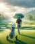 Rainy Springtime Morning Golfing Golf Course Umbrella Man Walking AI Generated