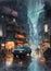 rainy street in a futuristic asian city at night with illuminated shop signs buildings people and cars