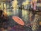 Rainy street pink umbrella reflection wet asphalt city night raindrops water reflection autumn leaves  fall season city evening li