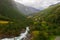 Rainy summer landscape beautiful Flamsdalen valley Norway