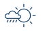 Rainy and sunny weather icon in line art style with sun and cloud with raindrops. Partly sunny with rain. Linear flat