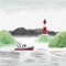 Rainy vector landscape with lighthouse, mountais and ship. Romantic watercolor Illustration for poster, postcard, banner, print.