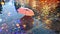 Rainy  Weather ,Autumn leaves falling  on road , pink umbrella on pavement city night light blurred at evening