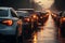 Rainy weather, car traffic jam, road congestion scene