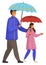 Rainy weather, father and daughter with umbrellas isolated at white, family wearing warm clothes