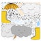 Rainy weather illustrated doodles. Clouds, umbrella and rubber boots. Hand drawn sketch illustration