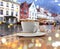 rainy window autumn leaves on glass raindrops  street cafeteria cup of coffee on table blurred night light reflection on top bac