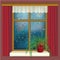 Rainy window with curtains and flower