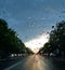 Rainy windshield on street