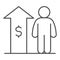 Raise employee salary income thin line icon. Upward arrow with dollar and person outline style pictogram on white