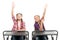 Raise hands to answer. Students classmates sit desk. Back to school. Private school concept. Elementary school education