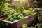 Raised bed gardens for growing vegetables or composting. Generative AI