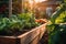 Raised bed gardens for growing vegetables or composting. Generative AI