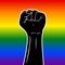 Raised black fist with white outline on gradient rainbow lgbt colors background. Sign on lgbtq community for homosexual freedom