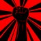 Raised black hand with clenched fist on background with red and black sun rays. Retro style poster. Concept of protest, strength