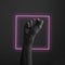 Raised clenched fist against a dark background with abstract neon light glow