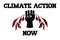 Raised clenched fist holding burning leaves, climate action now text