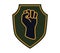 Raised clenched fist on shield background symbolizes strength and resistance. Power, protest, and solidarity sign